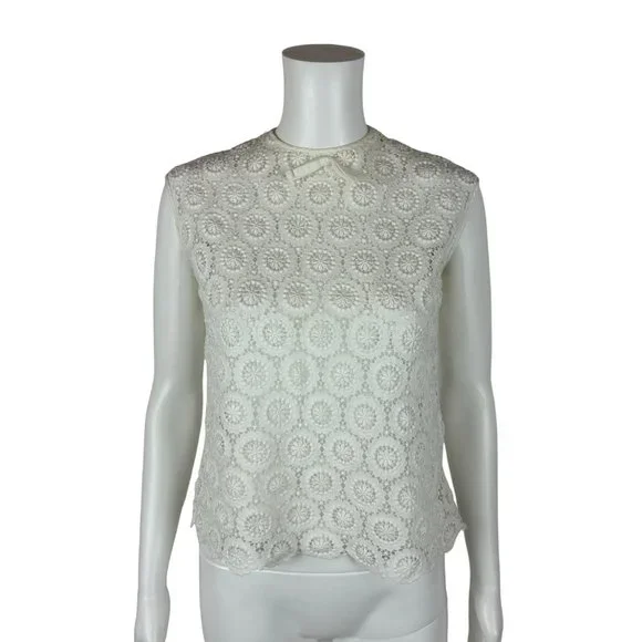 Vintage 50s Lace Blouse Women's Medium White Bow Neck Button Back Sleeveless
